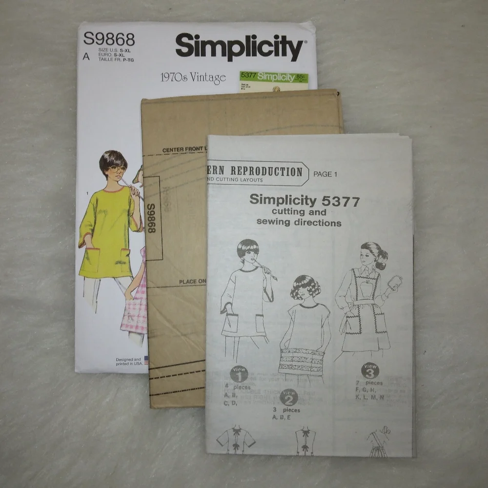 SIMPLICITY S9868 Sz S-XL Vintage 1970s style aprons in 3 styles EASY-TO-SEW
